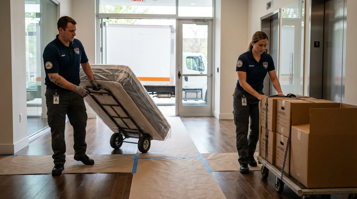 Professional apartment movers loading elevator in Bridgman, MI